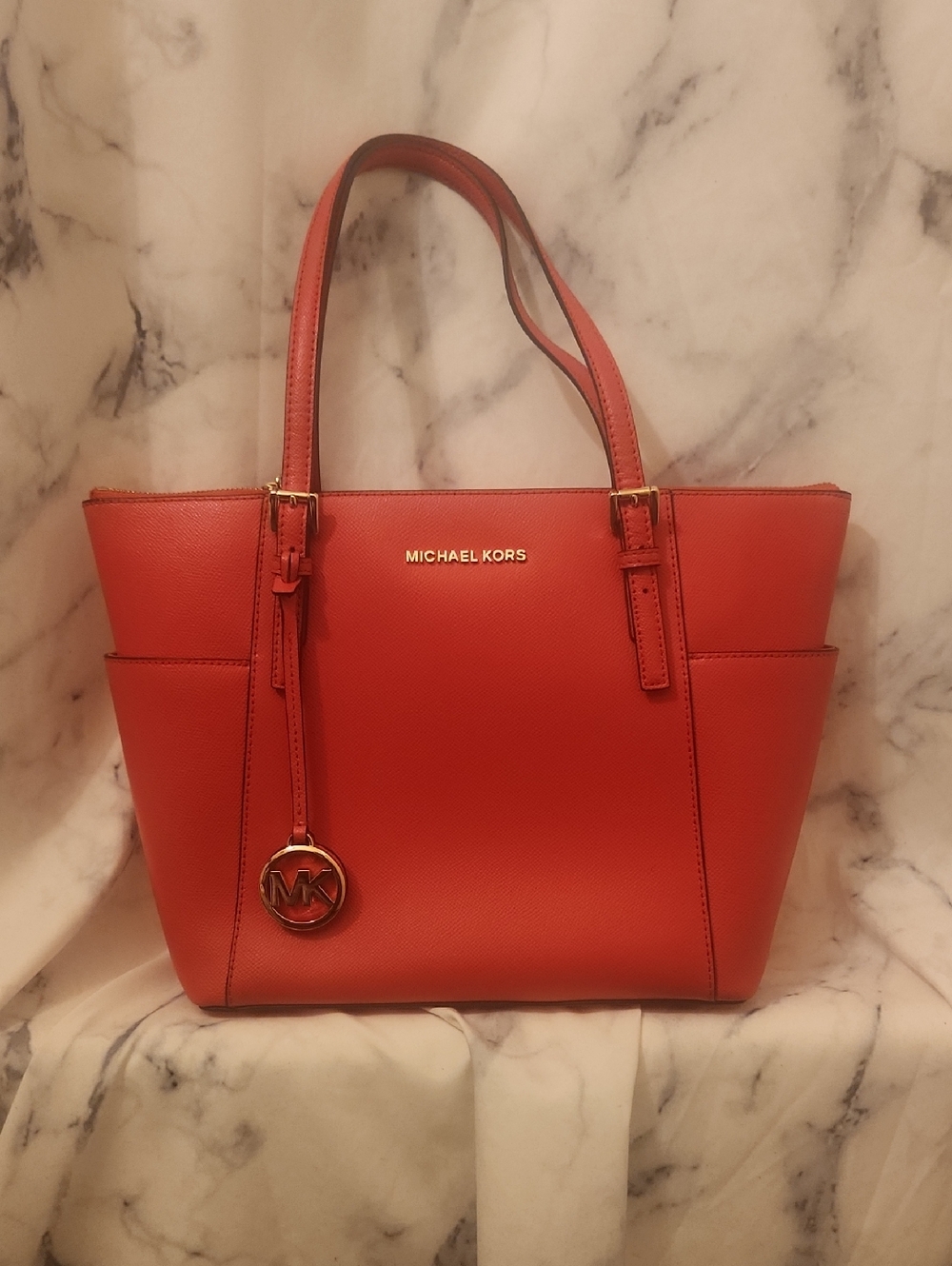 Michael Kors Coral-Red Saffiano Tote with Gold MK Charm